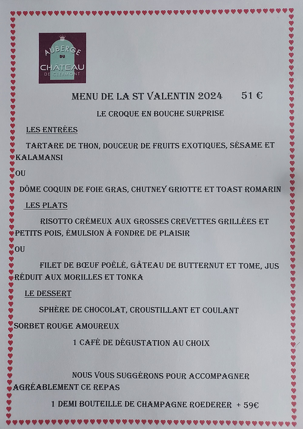 menu saint valentin auberge de clermont