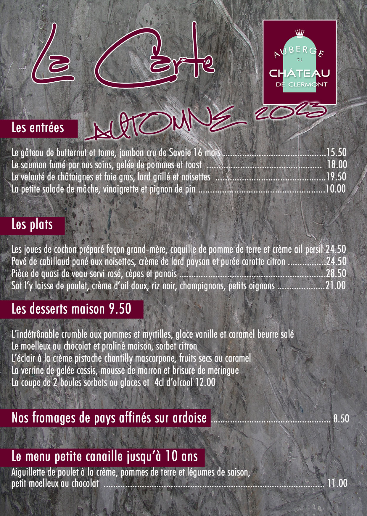 Carte Menu restaurant Auberge de Clermont 2023 Haute Savoie Chef lieu 74270 Clermont 